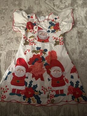 Mini Taylor Girls Christmas Dress 5-6Y Embroidered Santa Floral Holiday Ruffle